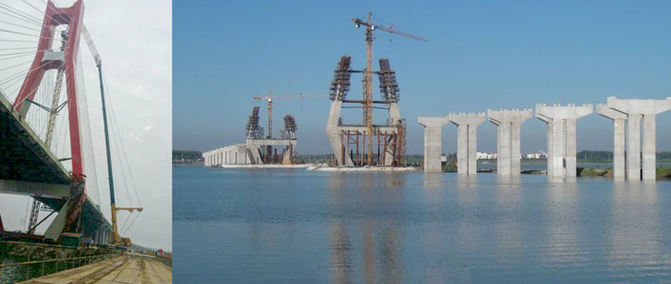 China: Dos grúas de estructura hueca de XCMG de 100m de altura realizan un puente atirantado de gran complejidad técnica
